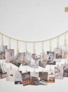 1 Piece Of Bohemian Style Wooden Bead String Hanging Photo Display, Natural Wood Color Wooden Bead Rope Flow Su Wood Clip Photo Storage Decoration Suitable For Classrooms, Dormitories, Bedrooms, Etc