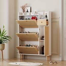Okwish Shoe Cabinets Wood-Based Material Shoe Cabinet Made Of Rattan With Solid Wood Legs And Handles, W90/H125/D17 Cm, Natural/Natural&White - 白色 - 查看 2