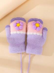 2pcs/Set 1-3 Years Old Kids Cartoon Flower Thickened Warm Full Finger Gloves, Winter