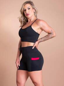 Women's Fitness Set High Waist Shorts With Mesh Pocket And Strappy Crop Top Gym Fashion Workout F7 NEW STYLE - 粉色 - 查看 2