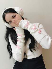 1 双时尚 Y2k 蝴蝶结露指手套臂部保暖手套，Jk 针织露指手套万圣节防寒手套情人节 - 彩色 - 查看 3