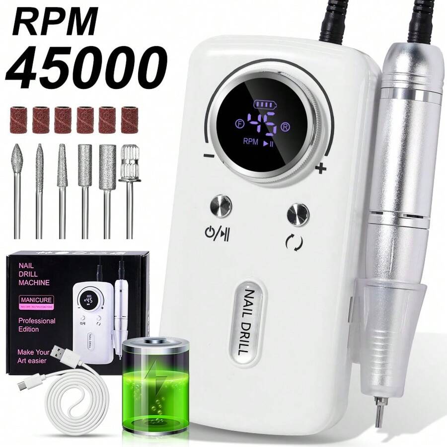 LIMEGIRL 专业电动指甲钻机套装、指甲锉钻机、修甲修脚套装、家用和沙龙用指甲锉套装、指甲抛光机修甲修脚抛光工具 - 白色 - 查看 1