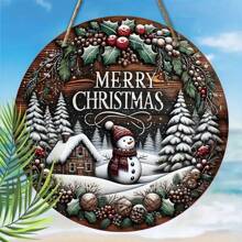 圣诞木质花环 - 雪花雪人图案，饰以浆果和绿叶 - 非常适合装饰前门、门廊或庭院，营造冬日仙境般的节日氛围（不含金色绳子），已预留孔眼 - 彩色 - 查看 6