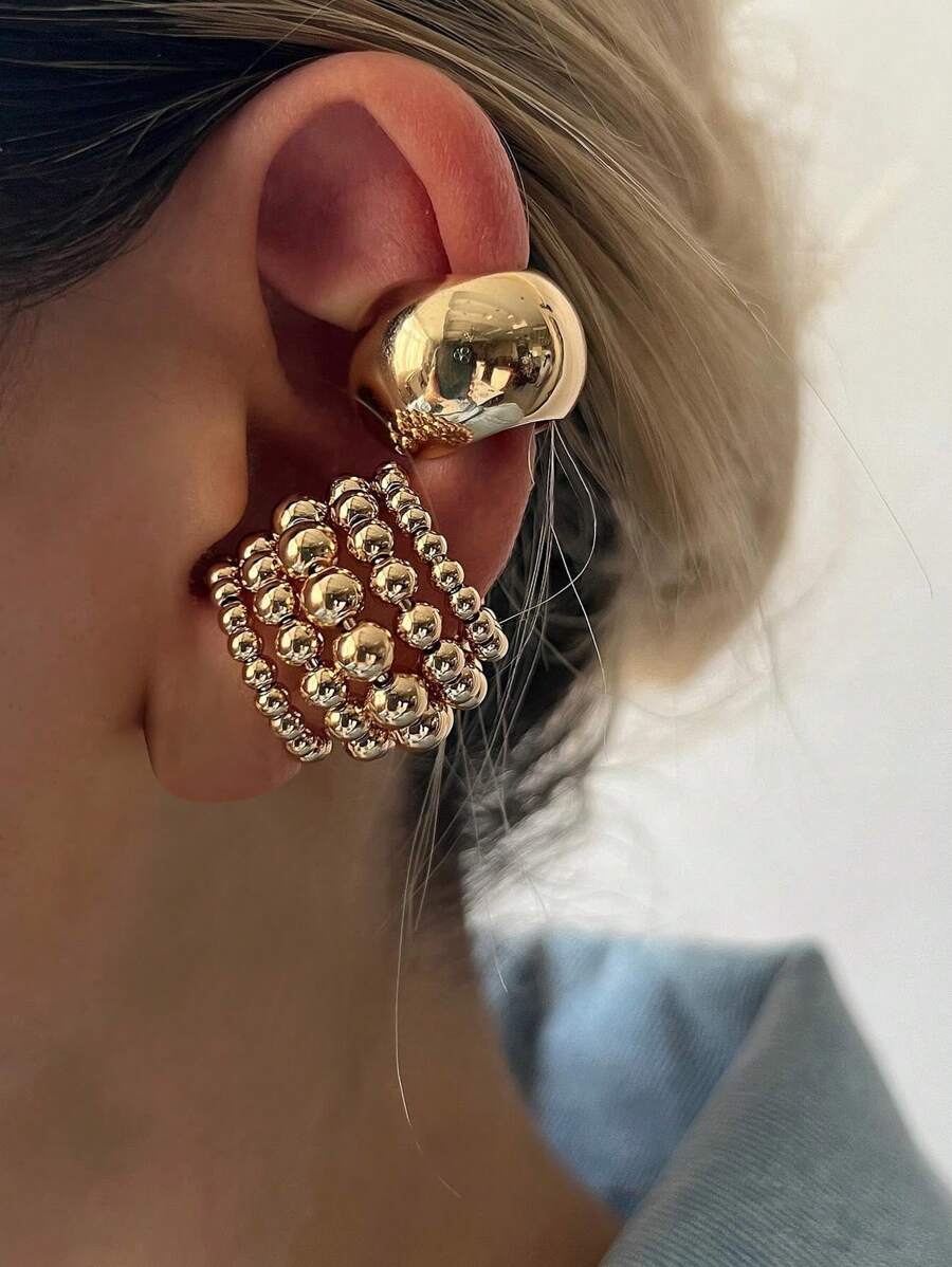 2/3/4pcs Simple Metal Geometric Clip-On Earrings Set, Gifts For Women, Couples, Friends, Vacation, Daily Wear - Yellow Gold - View 1