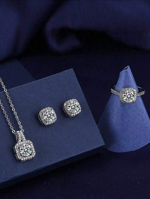 1 pièce Collier, 1 paire Boucles d'oreilles, 1 pièce Bague Ensemble de bijoux - Ensemble de bijoux à la mode avec collier en acier inoxydable à zircone cubique carrée de luxe, convient pour le port quotidien des femmes, les fêtes, les festivals Cadeau