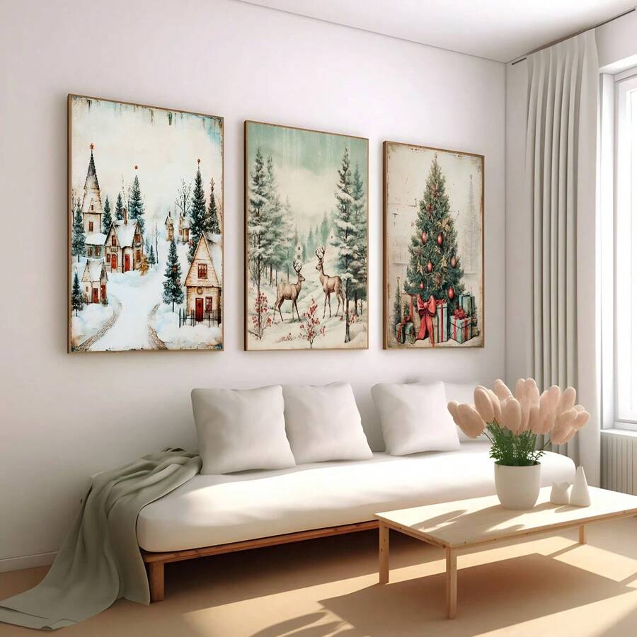 3 套复古圣诞印刷品、圣诞印刷品、冬季可印刷墙壁艺术、冬季林地动物、复古节日装饰品（无框） - 黑色 - 查看 1