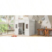 Full Size House Loft Bed With Ladder And Wardrobe-White - 白色+實木+全如圖 - 查看 4
