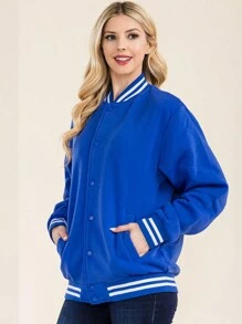 Women's Casual Long Sleeve Bomber Jacket With Baseball Collar And Button Details Black Varsity Outerwear With Slight Stretch Fabric - 寶藍色 - 查看 2