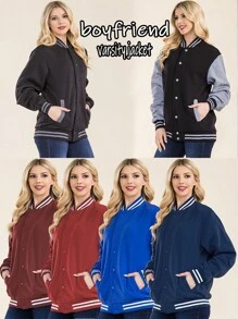 Women's Casual Long Sleeve Bomber Jacket With Baseball Collar And Button Details Black Varsity Outerwear With Slight Stretch Fabric - 寶藍色 - 查看 5