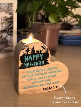 Customized 1-Line Halloween Text Or Name With Date Wooden Candle Holder, Halloween Atmosphere Decor, Holiday Party Decor, Cozy Home Decor, Desk/Office Decor