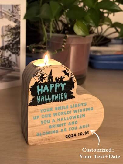 Texto ou nome de Halloween personalizado de 1 linha com data Porta-velas de madeira, decoração de atmosfera de Halloween, decoração de festa de fim de ano, decoração aconchegante para casa, decoração de mesa/escritório