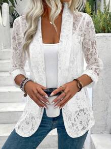 Lace Hollowed-Out Casual Suit Jacket With Solid Color Lapel - 白色 - 查看 6