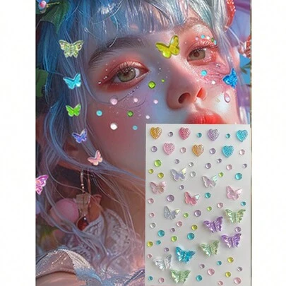 1 件水钻装饰 3D 蝴蝶、心形、水钻 3D 设计贴纸，非常适合聚会、派对、表演和其他面部钻石贴纸