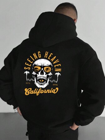 男友风男士新款潮流连帽运动衫，休闲日常抽绳连帽运动衫，亡灵节卡通骷髅和英文字母印花，正面袋鼠口袋，男友风男士上衣