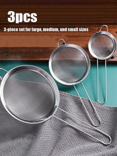 3pcs/Set Stainless Steel Colander Ladle Strainer With Different Sizes For Filtering Flour / Oil At Home Kitchen