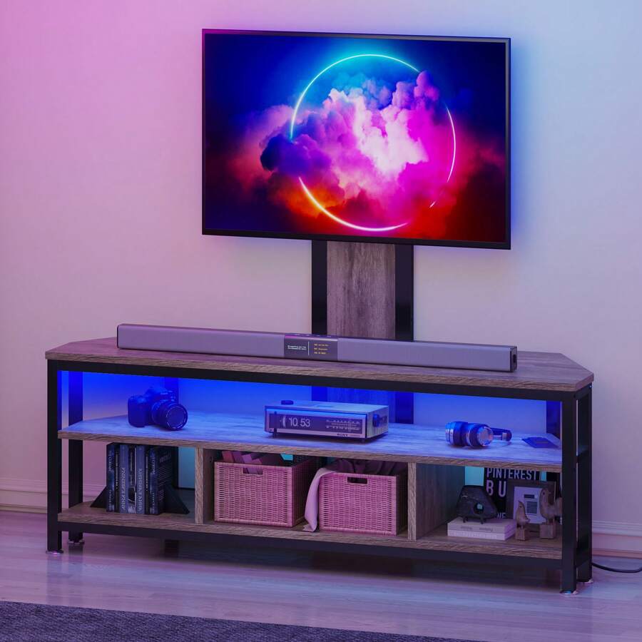 Corner TV Stand With Mount & Power Outlets & LED Lights For 32 To 70 Inch TVs - 灰色 - 查看 1