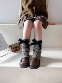 1 双女孩霓虹色蝴蝶结装饰针织大腿高腿保暖裤，适合休闲、运动、节日派对 - 灰色 - 查看 3