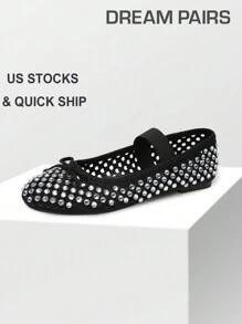 Women's Bow Knot Ballet Flat Mary Jane Round Toe Hot Diamond Hollow Out Upper Comfortable Fashionable All-Match Party Shine Dancing Flat Shoes - 黑色 - 查看 2
