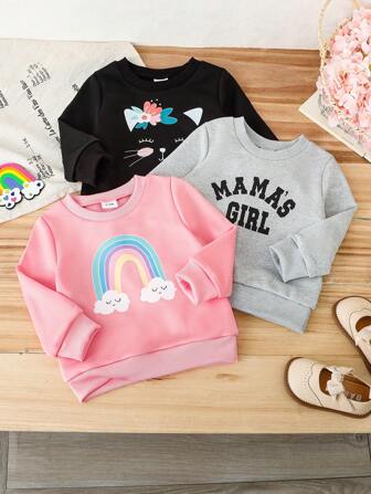 女婴 3 件套彩虹字母印花圆领长袖轻便运动衫套装，秋季
