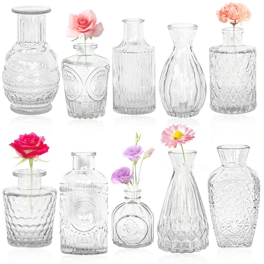 10/12/15 Pcs Glass Bud Vases, Small Clear Glass Vases For Flowers In Bulk, Mini Vintage Embossed Vases For Wedding Centerpieces, Birthday Party, Baby Shower, Home Table Decorations - 10Pcs - View 1