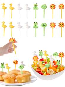 8pcs Random Color Cartoon Duck Fruit Fork Candy Fork Party Cake Dessert Decor Picks Christmas Gift,School Supplies - Multicolor - View 1