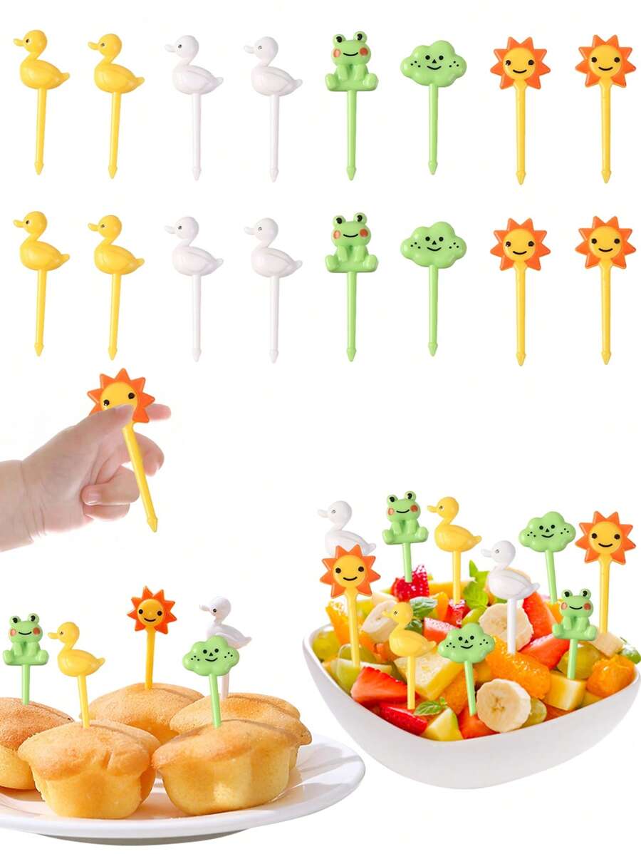 8pcs Random Color Cartoon Duck Fruit Fork Candy Fork Party Cake Dessert Decor Picks Christmas Gift,School Supplies - Multicolor - View 1