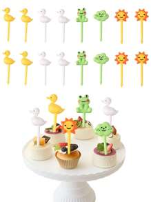 8pcs Random Color Cartoon Duck Fruit Fork Candy Fork Party Cake Dessert Decor Picks Christmas Gift,School Supplies - Multicolor - View 5