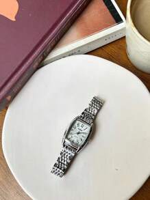 sottas 新款方形迷你圆筒女士腕表，复古数字迷你圆筒表盘，韩版时尚简约优雅休闲百搭奢华小众钢带石英腕表，表带长度可调节 - 白色 - 查看 6