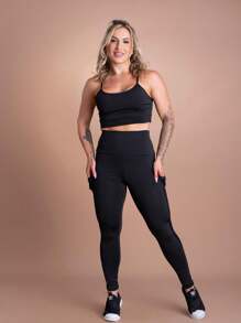 Women's Fitness Set High Waist Leggings With Mesh Pocket And Cropped Top With Straps Workout Gym Fashion F7 NEW STYLE - 黑色 - 查看 2