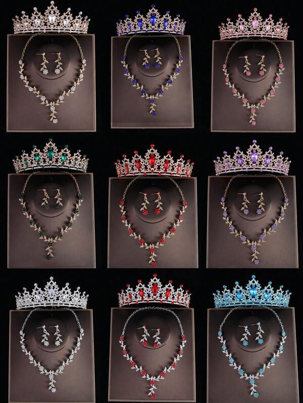 Set de 3 piezas: collar, aretes y diadema con diseño de corona, accesorios para novias para bodas, fiestas y cumpleaños