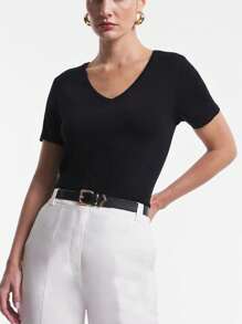 Women's Basic Elastane Blouse T-Shirt, V-Neck, Plain, Second Skin - màu đen - Xem 1