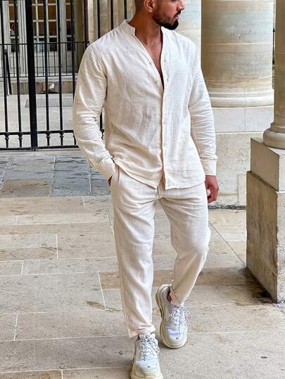 Men's Casual Solid Color Long Sleeve Shirt And Pants Set, Suitable For Spring And Autumn, Cozy Outfits