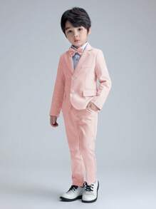 3pcs Set Young Boy Plaid Suit Jacket, Trouser And Bowtie, Suitable For Formal Events, Weddings, Performances And School Uniform, Autumn