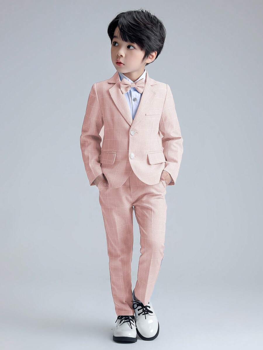 3pcs Set Young Boy Plaid Suit Jacket, Trouser And Bowtie, Suitable For Formal Events, Weddings, Performances And School Uniform, Autumn