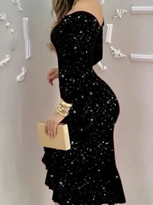 Vestido elegante de fiesta con hombros descubiertos, manga larga, unicolor, abertura alta, volantes en el bajo y brillos, para primavera/verano - Negro - Ver 3