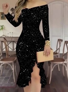Vestido elegante de fiesta con hombros descubiertos, manga larga, unicolor, abertura alta, volantes en el bajo y brillos, para primavera/verano - Negro - Ver 4