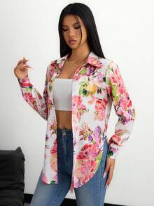 Camisa larga de manga comprida casual com estampa 3D estilo europeu e americano, sofisticada e versátil