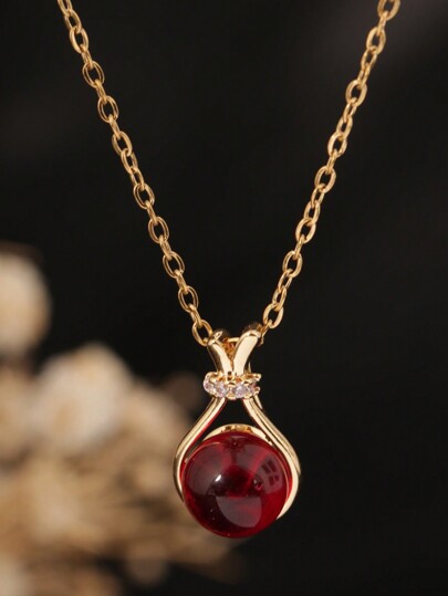1pc Stainless Steel Chinese Style Gourd & Red Moneybag Pendant Necklace, 18K Gold Plated With Red Agate, Suitable For Daily Wear