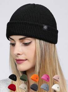 1 件女士纯色布标葫芦皮针织帽，无帽檐，适合秋冬保暖和日常穿着 - W標 - 查看 12