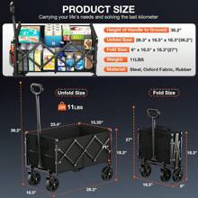 Nadonli Foldable Wagon With Wheels, Portable Heavy Duty Collapsible Beach Cart - Large Capacity Utility Wagon For Shopping, Sports, Camping,Garden,Grocery - Black