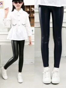 1 件女童仿皮紧身裤，幼儿儿童冬季秋季裤子 - 黑色 - 查看 1