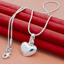 纯银小巧心形吊坠项链 16-30 英寸蛇形链 女士婚礼饰品 时尚珠宝 - 銀色 - 查看 5