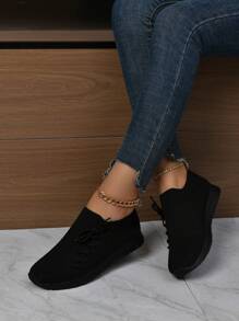 女式时尚系带透气网眼坡跟步行鞋 - 黑色 - 查看 5