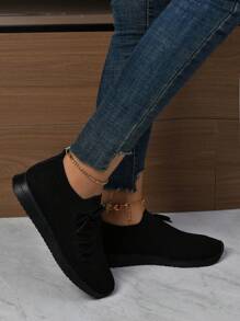 女式时尚系带透气网眼坡跟步行鞋 - 黑色 - 查看 7