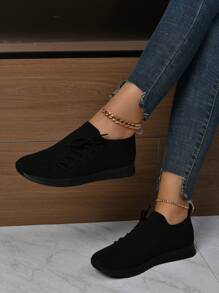 女式时尚系带透气网眼坡跟步行鞋 - 黑色 - 查看 4