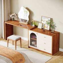LITTLE TREE Modern Makeup Vanity With 3 Drawers And Cabinet, Retractable Large Makeup Corner Dressing Table For Bedroom, Living Room - Óc chó + Trắng - Xem 4