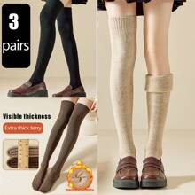 1pair/3pairs Women Thigh High Stockings, Opaque Warm Thermal Lined Over Knee Socks For Autumn Winter, Slim Leg, Fashion, Suitable For Girls, Students, And Daily Wear - Brown - View 1