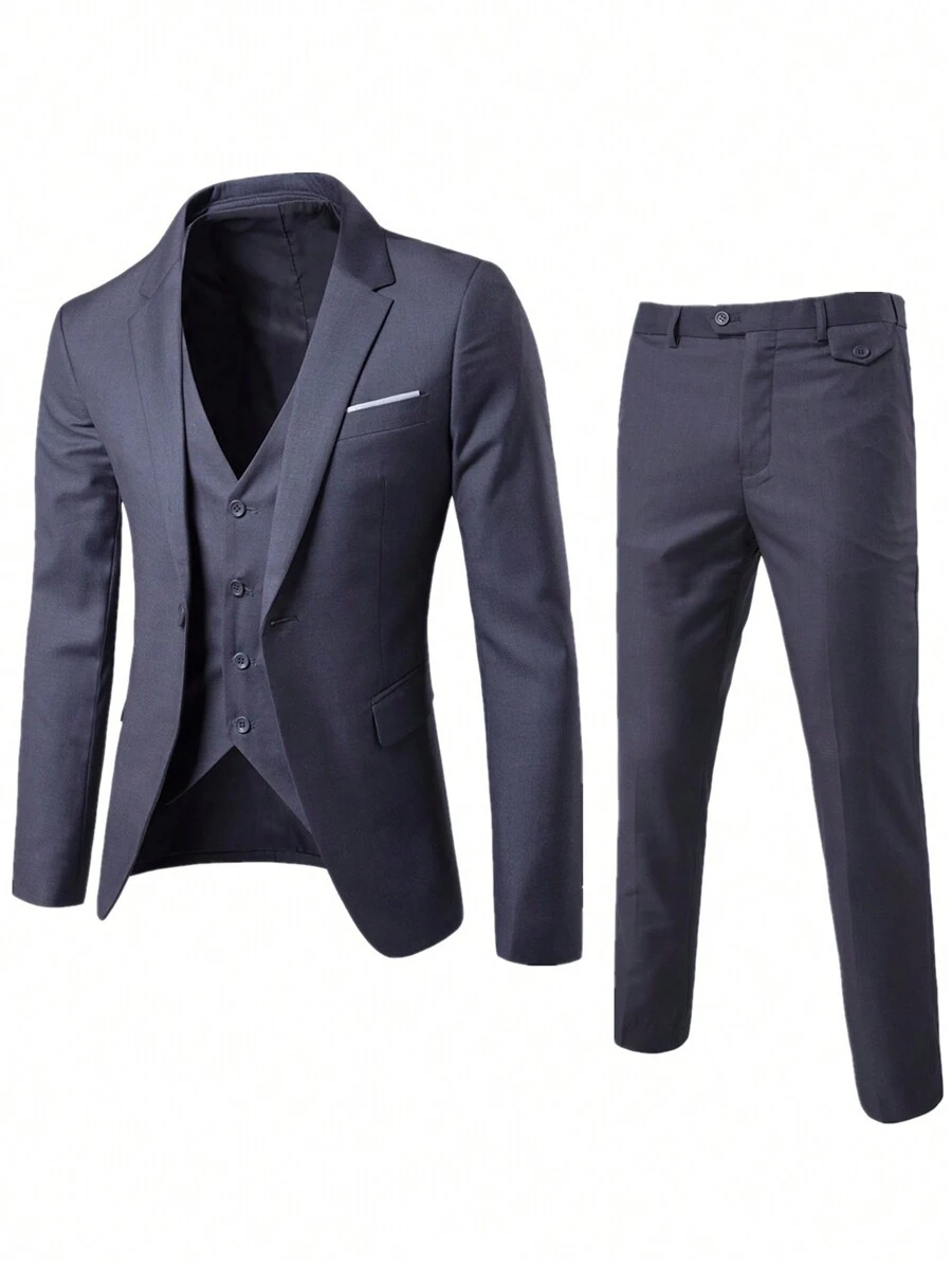 3pcs/Set Formal Business Wedding Solid Color Men's Suit - Dark Grey - View 1