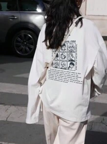 女士圆领卡通字母印花长袖 T 恤 - 白色 - 查看 4