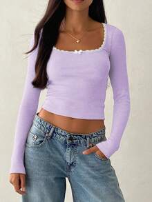 Contrast Lace Long Sleeve Slim Fit Mock Neck Knit Tee - Purple - View 2